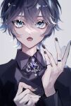  1boy axia_krone black_hair black_shirt blue_eyes collared_shirt fang grey_background highres jewelry looking_at_viewer male_focus nail_polish nijisanji open_mouth ring s_poi_l shirt short_hair skin_fang solo virtual_youtuber 