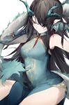 1girl ankoro_mochi arknights armpits arms_up bare_shoulders black_hair blue_dress blue_skin breasts china_dress chinese_clothes closed_mouth colored_skin dragon_girl dragon_horns dragon_tail dress dusk_(arknights) dusk_(everything_is_a_miracle)_(arknights) earrings gradient_skin hair_over_one_eye highres horns jewelry long_hair looking_away looking_down medium_breasts official_alternate_costume pelvic_curtain pointy_ears red_eyes sitting sleeveless sleeveless_dress solo tail very_long_hair 