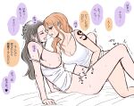  2girls bed_sheet black_hair blush breasts cleavage clothed_female_nude_female collarbone earrings fingering full_body heart highres jewelry kiss large_breasts long_hair multiple_girls nami_(one_piece) nico_robin nipples nude one_piece orange_hair saliva saliva_trail simple_background sweat tattoo thighs translation_request trembling_legs yuri 