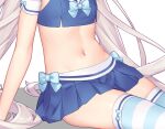  1girl armband bare_arms blue_bow blue_skirt bow breasts cat_tail commentary_request crop_top head_out_of_frame long_hair midriff navel nekopara official_art pleated_skirt sayori_(neko_works) simple_background sitting skirt small_breasts solo striped striped_thighhighs tail thighhighs twintails vanilla_(nekopara) very_long_hair white_background white_hair 