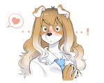  &lt;3 ... anthro black_nose blush brown_body brown_fur brown_hair clothing collar compliment confession embarrassed exclamation_point eyebrows female floppy_ears fur hair handpaw highlights_(coloring) inukoro_(kikurage) kemono kikurage koriyama_meiko looking_at_viewer multicolored_body multicolored_fur neck_tuft necktie paws raised_eyebrows school_uniform shirt solo speech_bubble surprise topwear tuft two_tone_body two_tone_fur uniform white_body white_fur white_hair wide_eyed 