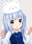  1girl absurdres angora_rabbit animal_on_head blue_eyes blue_hair gochuumon_wa_usagi_desu_ka? hair_ornament highres kafuu_chino kafuu_chino&#039;s_school_uniform light_blue_hair looking_at_viewer nekomimimix on_head open_mouth rabbit rabbit_on_head school_uniform smile tippy_(gochiusa) x_hair_ornament 