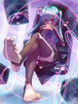  1girl aqua_hair chromatic_aberration crossed_legs feet hatsune_miku highres interlocked_fingers own_hands_together panties panty_peek sitting soles solo soon_(c-u-soon) thighhighs toeless_legwear toes twintails underwear vocaloid white_panties 