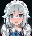  1girl @_@ blue_eyes blue_ribbon blush braid frills grey_hair hair_ribbon izayoi_sakuya kirero maid maid_headdress neck_ribbon nose_blush open_mouth puffy_short_sleeves puffy_sleeves ribbon short_sleeves sidelocks solo sweatdrop touhou tress_ribbon twin_braids upper_body wing_collar 