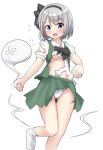 1girl bandages bangs bare_legs black_bow black_bowtie black_hairband black_ribbon blue_eyes blush bow bow_hairband bowtie breasts collared_shirt dot_nose flying_sweatdrops ghost green_skirt green_vest hairband highres konpaku_youmu konpaku_youmu_(ghost) legs looking_at_viewer open_mouth panties pantyshot pleated_skirt ribbon shiny shiny_hair shirt short_hair short_sleeves skirt small_breasts socks solo standing standing_on_one_leg sweatdrop thighs tongue torn_clothes touhou underboob underwear vest white_hair white_panties white_shirt white_sleeves white_socks youmu-kun 