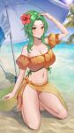  1girl arm_up beach bikini breasts cleavage collarbone elincia_ridell_crimea fire_emblem fire_emblem:_path_of_radiance fire_emblem:_radiant_dawn fire_emblem_heroes full_body green_hair highres kneeling large_breasts looking_at_viewer medium_hair navel official_alternate_costume orange_bikini orange_eyes outdoors parasol sarong sauvignon see-through short_sleeves sidelocks smile swimsuit thighs umbrella water 