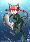  1girl :d ? air_bubble alternate_costume animal_ears bangs black_bow bow braid bubble cat_ears cat_tail diving fang fish freediving hair_bow kaenbyou_rin kousei_(public_planet) multiple_tails nekomata red_eyes red_hair smile solo submerged swimming tail touhou twin_braids two_tails underwater 