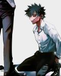  1boy 1other black_footwear black_hair black_pants blue_eyes boku_no_hero_academia burn_scar cheek_piercing collared_shirt dabi_(boku_no_hero_academia) highres kneeling looking_at_another male_focus messy_hair multiple_scars pants piercing scar scar_on_neck sharl0ck shirt standing staple stapled white_shirt 