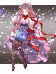  1girl absurdres alternate_costume arknights bare_arms bare_shoulders black_thighhighs blue_flower blue_rose brown_hair choker commentary_request dress eyjafjalla_(arknights) flower head_wreath highres horns long_hair looking_at_viewer no_shoes pink_eyes purple_dress red_choker red_ribbon ribbon ribbon_choker rose sheep_horns shibei sitting smile solo strapless strapless_dress thighhighs very_long_hair 