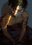  1boy angry annoyed black_hair bleeding blood blood_on_clothes blood_on_face blood_splatter blood_stain bound bound_wrists bruise furious glaring hat highres injury male_focus monkey_d._luffy one_piece rr77469048 scar solo straw_hat 
