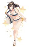  1girl ahoge akizuki_(kancolle) bare_arms bare_legs bare_shoulders barefoot bikini black_hair blush breasts collarbone full_body grey_eyes groin headband kantai_collection medium_breasts navel open_mouth ponytail sandals shakemi_(sake_mgmgmg) short_hair smile solo star_(symbol) swimsuit white_background white_bikini yellow_headband 