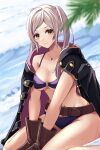  1girl absurdres bare_shoulders belt bikini blurry breasts brown_eyes brown_gloves cleavage depth_of_field fire_emblem fire_emblem_awakening fire_emblem_heroes gloves grey_hair groin highres jewelry large_breasts long_hair long_sleeves necklace o-ring o-ring_bikini official_alternate_costume palm_tree purple_bikini reia_hana robe robin_(fire_emblem) robin_(fire_emblem)_(female) sitting smile solo swimsuit tree twintails underboob wariza water 