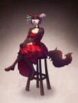  2022 anthro beastars canid canine canis cheek_tuft clothed clothing dress facial_tuft female furniture hi_res jewelry juno_(beastars) looking_at_viewer makeup mammal necklace purple_eyes scarlet-spectrum simple_background sitting solo stool tuft wolf 