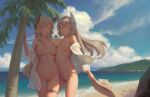  2girls beach bigrbear blue_sky breasts brown_eyes brown_hair brown_headwear cleft_of_venus cloud green_eyes hat highres holding holding_clothes holding_hat large_breasts leg_belt long_hair looking_at_viewer medium_breasts multiple_girls navel nipples nude ocean original outdoors palm_tree parted_lips pussy sky smile standing straw_hat thigh_gap tree uncensored 