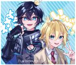  2boys :d absurdres axia_krone black_hair blonde_hair blue_background blue_eyes border crown green_eyes highres looking_at_viewer mini_crown multiple_boys nijisanji open_mouth s_poi_l short_hair smile striped striped_background translation_request uzuki_kou virtual_youtuber white_border 