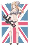  adapted_costume artist_name baseball_cap bikini blonde_hair blue_eyes character_name cropped_jacket flag_background full_body grey_bikini grey_headwear grey_jacket gun hat highres jacket kantai_collection long_hair nelson_(kancolle) rifle standing swimsuit tada union_jack weapon weapon_request 