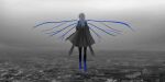  1girl black_jacket black_pantyhose blue_pantyhose blue_wings building chihuri cityscape facing_away from_behind gradient gradient_legwear grey_hair highres jacket long_hair midair original overcast pantyhose solo wings 