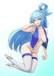  :d aqua_(konosuba) armpits artist_name bare_arms bare_shoulders blue_background blue_eyes blue_hair bottomless breasts carlo_montie cleavage collarbone female_pubic_hair full_body gradient gradient_background grin hair_rings highres kono_subarashii_sekai_ni_shukufuku_wo! large_breasts long_hair looking_at_viewer naked_vest navel no_shoes open_clothes open_vest parted_lips pubic_hair smile stirrup_legwear stomach thighhighs toeless_legwear very_long_hair vest white_background white_thighhighs 