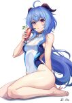  1girl ahoge alternate_costume bare_arms bare_legs bare_shoulders barefoot bld_zi blue_hair blue_one-piece_swimsuit breasts competition_swimsuit covered_navel cup drinking_straw flower ganyu_(genshin_impact) genshin_impact goat_horns hair_between_eyes holding holding_cup horns legs long_hair looking_at_viewer medium_breasts one-piece_swimsuit parted_lips pink_eyes simple_background sitting solo swimsuit thighs toes two-tone_swimsuit wariza white_background white_one-piece_swimsuit 