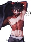  1boy ? absurdres black_hair blue_eyes boku_no_hero_academia burn_scar cheek_piercing commentary dabi_(boku_no_hero_academia) highres male_focus messy_hair multiple_scars navel nipples piercing scar scar_on_chest scar_on_hand scar_on_neck sharl0ck simple_background spoken_question_mark staple stapled stitches symbol-only_commentary topless_male white_background 