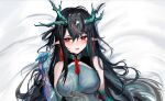  1girl arknights bangs bare_shoulders bed_sheet black_hair blue_dress blue_skin blush breasts colored_skin dakimakura_(medium) dragon_horns dress dusk_(arknights) dusk_(everything_is_a_miracle)_(arknights) earrings gradient_skin green_hair hat horns impossible_clothes impossible_dress jewelry large_breasts looking_at_viewer lying mikuning multicolored_hair official_alternate_costume on_back on_bed open_mouth pointy_ears qing_guanmao red_eyes sleeveless sleeveless_dress solo streaked_hair tassel tassel_earrings two-tone_hair upper_body 