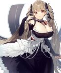  1girl azur_lane bare_shoulders between_breasts black_dress black_ribbon breasts cleavage clothing_cutout detached_collar dress flight_deck formidable_(azur_lane) frilled_dress frills large_breasts light_brown_hair long_hair looking_at_viewer necktie necktie_between_breasts red_eyes ribbon shoulder_cutout simple_background solo suminagashi twintails two-tone_dress two-tone_ribbon very_long_hair white_background white_dress white_ribbon 
