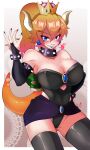  1girl absurdres blonde_hair blue_eyes bowser bowsette bracelet breasts cleavage collar crown highres horns jewelry ponytail ringo-chan_(saikoaweonao23) sharp_teeth spiked_bracelet spiked_collar spikes super_crown teeth turtle_shell 