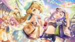  4girls bag black_hair blonde_hair grey_hair guild_cq hair_ornament hat hoshimiya_kurara looking_at_viewer matori_kakeru multicolored_hair multiple_girls purple_eyes rekuie_emurii shinengumi shopping_bag sibyl smile suzukaze_shitora virtual_youtuber 