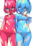 2girls ass_visible_through_thighs bangs bare_shoulders blue_bow blue_eyes blue_hair blush bodypaint bow breasts bright_pupils cameltoe cirno commentary_request contrapposto crop_top daiyousei eyebrows_hidden_by_hair fairy_wings flat_chest from_below green_hair hair_bow highres huxiao_(mistlakefront) ice ice_wings looking_at_viewer looking_to_the_side multiple_girls navel one_side_up open_mouth panties short_hair simple_background small_breasts smile stomach thighs touhou underboob underwear white_background white_pupils wings yellow_bow 