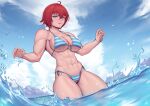  1girl abs absurdres bikini blue_bikini blue_eyes breasts cloud cloudy_sky commission highres muscular muscular_female obliques original red_hair short_hair sky smile solo speedl00ver striped striped_bikini swimsuit water 
