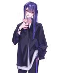  1boy baggy_clothes drinking_straw facing_viewer hands_in_pockets highres jewelry long_hair looking_to_the_side male_focus milk_carton nagao_kei nijisanji ponytail purple_eyes purple_hair ring s_poi_l solo strawberry_milk virtual_youtuber watch white_background wristwatch 