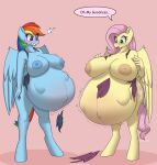  5_fingers absurd_res anthro anthrofied belly big_belly big_breasts blue_body blue_feathers breast_expansion breasts bumpywish clothing collarbone cutie_mark dialogue duo embarrassed english_text equid equine expansion eyelashes feathered_wings feathers female fingers fluttershy_(mlp) friendship_is_magic growth hair hasbro hi_res huge_breasts hyper hyper_breasts hyper_pregnancy inverted_nipples mammal multicolored_hair my_little_pony nipples open_mouth open_smile pegasus pink_hair pink_tail pregnant pregnant_female rainbow_dash_(mlp) rainbow_hair smile standing swimwear text torn_clothing unborn_kicking wings yellow_body yellow_feathers 