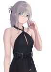 1girl 3_small_spiders absurdres alternate_hairstyle an-94_(girls&#039;_frontline) an-94_(silent_rouge)_(girls&#039;_frontline) aqua_hair backless_dress backless_outfit bare_shoulders blue_eyes dress evening_gown folded_ponytail girls&#039;_frontline halter_dress halterneck hand_up highres long_hair official_alternate_costume white_background 