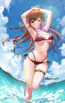  1girl ;) bang_dream! bikini blue_sky breast_tattoo brown_hair cloud day dopamine70 green_eyes heart heart_tattoo highres imai_lisa long_hair looking_at_viewer navel ocean one_eye_closed outdoors red_bikini sky smile solo standing standing_on_one_leg summer sunlight swimsuit tattoo thigh_strap twitter_username 