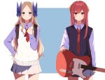  2girls alternate_costume asakaze_(kancolle) backpack bag bangs black_vest blue_background blue_eyes collared_shirt cowboy_shot electric_guitar forehead guitar hachino_mugi hair_ribbon highres instrument kamikaze_(kancolle) kantai_collection light_brown_hair long_hair long_sleeves multiple_girls parted_bangs purple_eyes purple_hair purple_shirt purple_skirt ribbon school_uniform shirt skirt two-tone_background vest wavy_hair white_background white_vest yellow_ribbon 