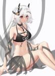  1girl absurdres arknights bangs bare_arms bare_legs bare_shoulders bikini black_bikini black_choker breasts choker feet_out_of_frame grey_background hair_between_eyes highres horns large_breasts long_hair mudrock_(arknights) mudrock_(silent_night)_(arknights) navel official_alternate_costume oripathy_lesion_(arknights) parted_lips pentokay pointy_ears red_eyes simple_background sitting solo stomach swimsuit thighs very_long_hair white_hair 