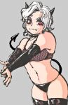  1girl black_horns black_panties blush bra demon_girl demon_horns demon_tail grey_background helltaker horns mouth_piercing navel panties powerdman red_eyes tail underwear white_hair zdrada_(helltaker) 