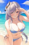  1girl 2others arm_up bangs bare_arms bare_shoulders beach bikini blue_eyes blue_sky blush boat breasts chinese_commentary cleavage cloud commentary_request cowboy_shot day genshin_impact grey_bikini grey_hair hair_ornament highres large_breasts long_braid long_hair looking_at_viewer mao_mao_juzhang mole mole_on_breast multiple_others navel ocean outdoors partial_commentary shenhe_(genshin_impact) side-tie_bikini_bottom sky smile solo_focus standing stomach swept_bangs swimsuit thighs very_long_hair wading water watercraft 