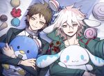  2boys :3 absurdres ahoge animal_ears arm_up bangs black_jacket blush_stickers brown_eyes brown_hair chain collar collarbone collared_shirt cup danganronpa_(series) danganronpa_2:_goodbye_despair flower food gradient_hair green_jacket green_necktie grey_eyes grey_hair grin hair_between_eyes highres hinata_hajime holding holding_stuffed_toy jacket kemonomimi_mode komaeda_nagito long_sleeves lying messy_hair metal_collar multicolored_hair multiple_boys necktie on_back open_clothes open_jacket open_mouth rabbit_ears red_flower shirt smile stuffed_animal stuffed_penguin stuffed_toy sweatdrop teeth upper_body white_shirt ziling 