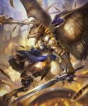  &copy; accipitrid accipitriform anthro arm_guards armor avian beak bird breastplate brown_body brown_feathers castle clothed clothed_anthro clothed_male clothing cygames detailed_background digital_media_(artwork) dual_wielding eagle fantasy feathered_wings feathers flying holding_object holding_weapon kazashino knight lance_(weapon) leg_armor light male male_anthro medieval melee_weapon polearm shadowverse shoulder_armor shoulder_guards solo sword symbol talons warrior watermark weapon wings 