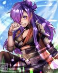  1girl armor asymmetrical_clothes bangs blush breasts cape choker cleavage fire_emblem fire_emblem:_three_houses fire_emblem_warriors:_three_hopes hair_bun hair_over_one_eye highres large_breasts long_hair looking_at_viewer medium_breasts purple_eyes purple_hair shez_(fire_emblem) shez_(fire_emblem)_(female) single_hair_bun smile smkittykat solo 