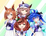  4girls :d @_@ animal_ears bangs black_bow blue_eyes blue_hair blue_headwear blush bow brown_eyes brown_hair cabbie_hat closed_mouth commentary_request grin hair_between_eyes hair_ornament hairclip hand_on_hip hat heterochromia highres horse_ears horse_girl horse_tail ikuno_dictus_(umamusume) kuena long_hair matikane_tannhauser_(umamusume) multicolored_hair multiple_girls nice_nature_(umamusume) pleated_skirt puffy_short_sleeves puffy_sleeves purple_eyes purple_shirt school_uniform shirt short_sleeves skirt smile tail tracen_school_uniform twin_turbo_(umamusume) twintails two-tone_hair umamusume very_long_hair wavy_mouth white_skirt 