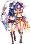  2girls ;d alternate_costume arm_strap arm_up ass_visible_through_thighs bare_shoulders belt bikini bikini_shorts birthmark blue_bikini blue_eyes blue_hair breasts cleavage dated eyewear_on_head fire_emblem fire_emblem:_radiant_dawn fire_emblem_awakening fire_emblem_cipher fire_emblem_heroes flower full_body gladiator_sandals green_eyes groin hair_flower hair_ornament highres holding holding_hands holding_innertube innertube leg_up long_hair looking_at_viewer lucina_(fire_emblem) medium_breasts mia_(fire_emblem) midriff multiple_girls navel official_alternate_costume one_eye_closed open_mouth orange-tinted_eyewear orange_bikini orange_flower sandals short_shorts shorts simple_background sleeveless smile sumire_l.a. sunglasses swimsuit thigh_strap tinted_eyewear twitter_username white_background wristband 