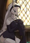  antennae_(anatomy) anthro arthropod big_breasts biped blade_arm breasts clothed clothing confession_booth cross cross_necklace fangs female hi_res insect jewelry legwear mantis necklace nun solo thigh_highs watermark white_body woebeeme 