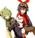  2girls :d @_@ absurdres amber_(genshin_impact) bandeau bangs black_dress breasts brown_hair brown_thighhighs capelet carrying cleavage collei_(genshin_impact) commentary cowboy_shot cropped_jacket dress feet_out_of_frame genshin_impact goggles goggles_on_head green_capelet green_hair hair_between_eyes hair_ornament hair_ribbon highres jacket long_hair long_sleeves midriff multiple_girls nano_(nanofarla) open_mouth own_hands_together princess_carry purple_eyes red_jacket red_ribbon ribbon short_dress simple_background smile standing stomach thighhighs very_long_hair white_background yellow_eyes yuri 