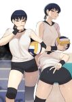  1girl absurdres ah-lyong_lee arm_behind_back ass ball bent_over bike_shorts black_hair black_shorts blush commentary contrapposto earrings elbow_pads from_behind hand_up highres holding holding_ball jewelry knee_brace knee_pads light_blush looking_at_viewer mixed-language_commentary multiple_views original ponytail shirt short_hair shorts sportswear standing sweat thighs volleyball volleyball_uniform white_shirt wiping_mouth wiping_sweat wristband 