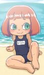 1girl absurdres animal_crossing aqua_eyes aqua_pupils bangs bare_arms bare_legs bare_shoulders barefoot beach blue_sky blunt_bangs blush closed_mouth cloud day flat_chest furrowed_brow highres leaning_back looking_to_the_side name_tag nose_blush old_school_swimsuit one-piece_swimsuit orange_hair outdoors sand school_swimsuit seaside short_bangs short_hair sitting sky smile solo swimsuit villager_(animal_crossing) water yugmlecpdduukox 