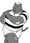  2022 anthro aretna band-aid bandage bottomwear clothing felid hi_res humanoid_hands kemono male mammal overweight overweight_male rugby rugby_ball rugby_uniform shirt shorts simple_background solo topwear 