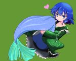  1girl ass blue_eyes blue_hair closed_mouth drill_locks frilled_kimono frills green_background green_kimono head_fins heart highres japanese_clothes kimono looking_at_viewer mermaid monster_girl short_hair simple_background smile solo touhou wakasagihime white_winemei 