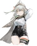  1girl arknights arm_behind_head arm_up bangs black_shorts breasts cape cowboy_shot english_commentary fartooth_(arknights) gnai grey_hair highres long_hair long_sleeves looking_at_viewer medium_breasts parted_lips shirt shirt_tucked_in shorts simple_background solo thigh_strap visor_(armor) white_background white_shirt yellow_eyes 